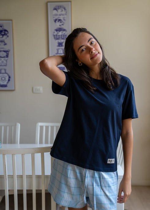 Women Summer Pajama set Dark Blue T-shirt + Light Blue X Dark Blue Plaid Shorts